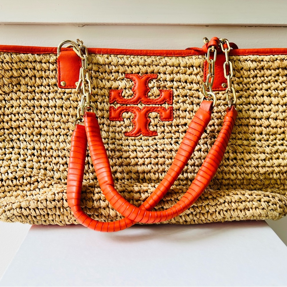 Tory Burch “Thea” Raffia and Leather Tote Bag